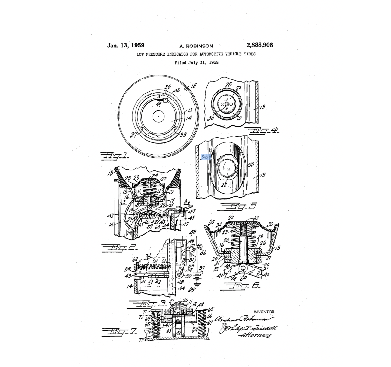 Technical drawings from Andrew Robinson’s low-pressure tire indicator patent
